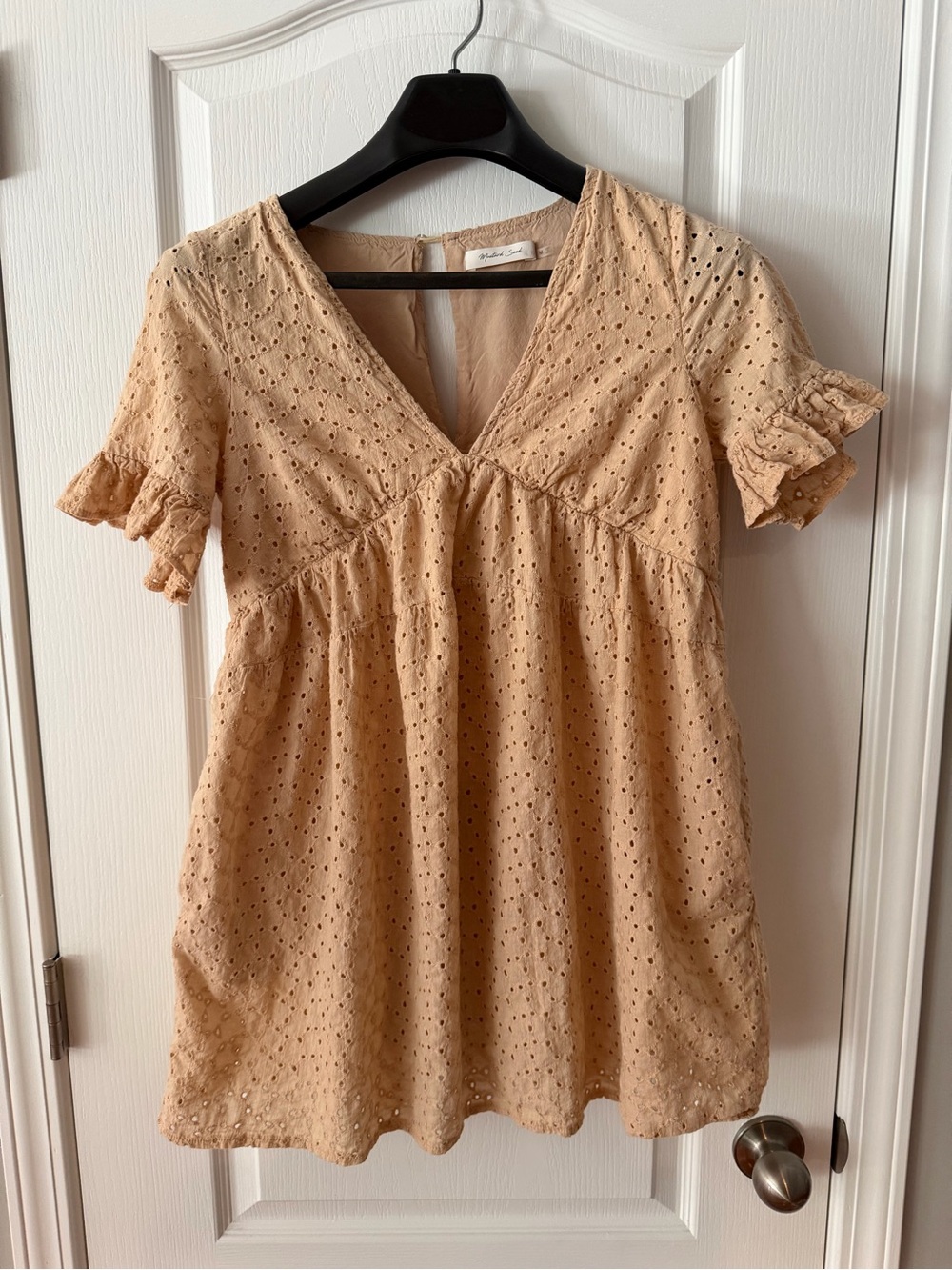 Mustard Seed Beige Eyelet V-Neck Ruffle Sleeve baby doll dress Romper